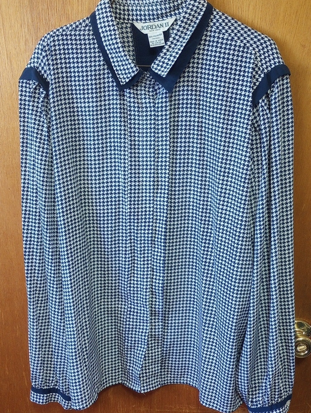 Jordan II Navy Blue & White Polyester Houndstooth Blouse, Plus Size 22W